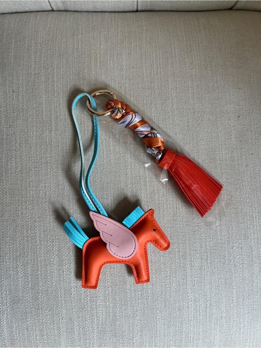 Orange Pegasus Pony Leather Bag Charm w Pink and Blue Accents + Twilly Key Chain